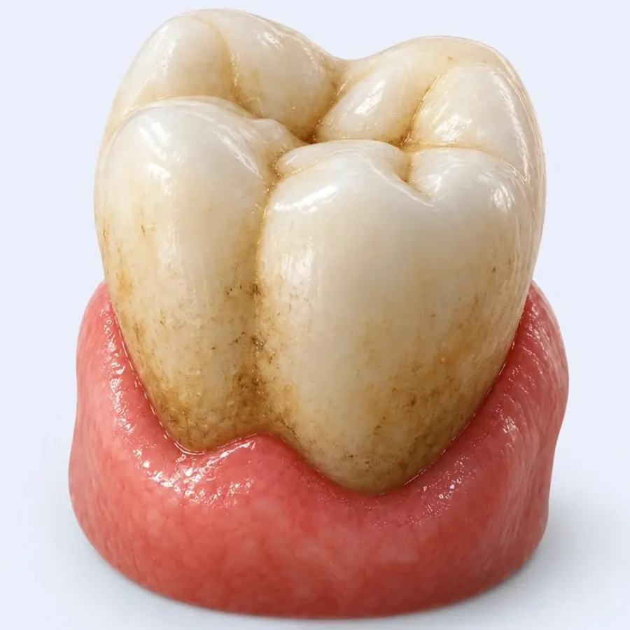 A molar covered in overnight plaque